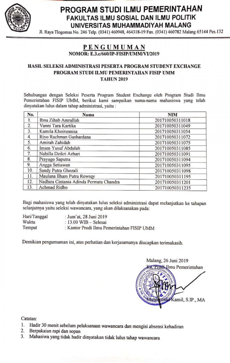Pengumuman Hasil Seleksi Administrasi Peserta Student Exchange Angkatan 2017