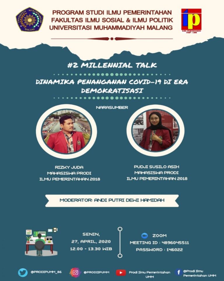 Prodi IP UMM gelar Milenial Talk Seri 2, Dinamika Penanganan Covid-19 di Era Demokratisasi