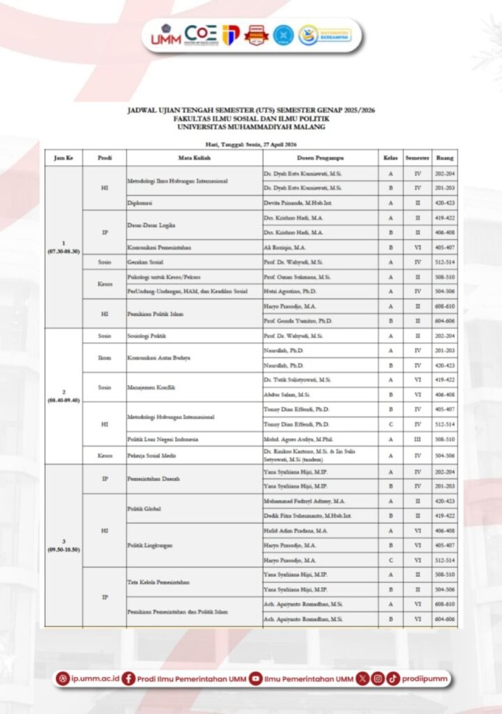 JADWAL UJIAN TENGAH SEMESTER (UTS) SEMESTER GENAP 2025/2026 FISIP