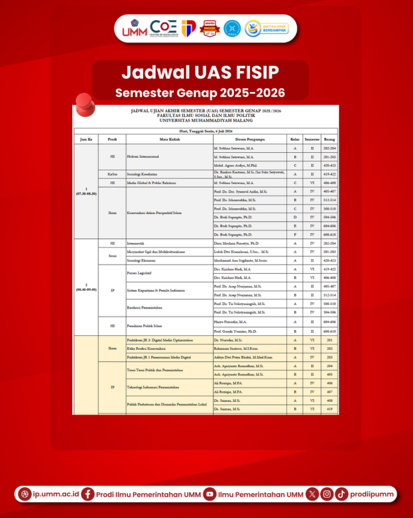 JADWAL UJIAN AKHIR SEMESTER FISIP SEMESTER GENAP 2025/2026