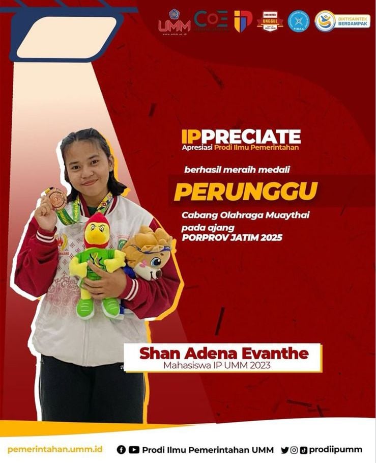 Shan Adena Evanthe (Mahasiswa Ilmu Pemerintahan Angkatan 2023) Peraih Medali Perunggu Cabang Olahraga Muaythai pada Ajang PORPROV JATIM 2025