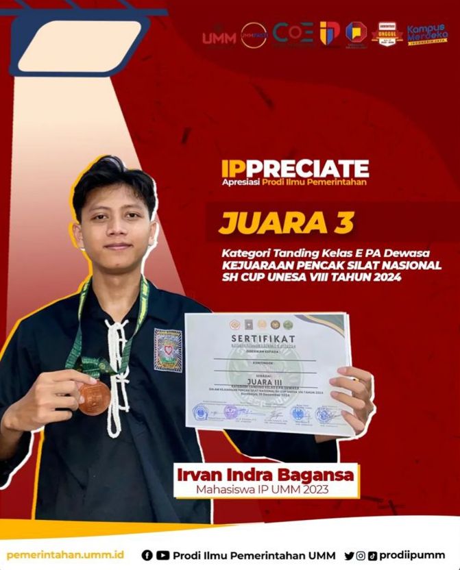 Irvan Indra Bagansa (Mahasiswa Ilmu Pemerintahan Angkatan 2023) Juara 3 Kategori Tanding Kelas E PA Dewasa KEJUARAAN PENCAK SILAT NASIONAL SH CUP UNESA VII TAHUN 2024