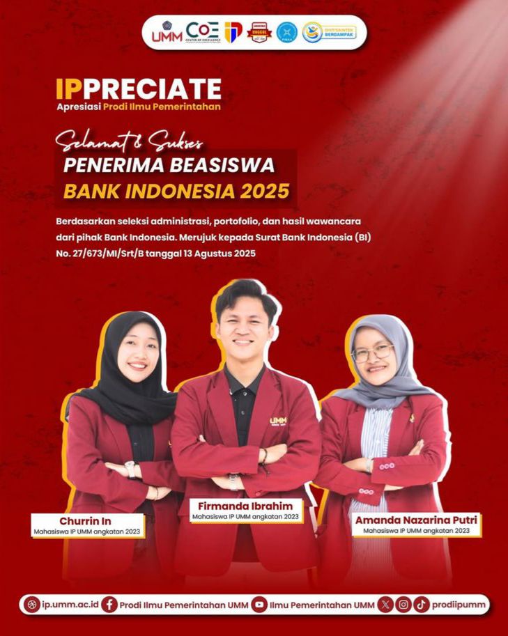 Churrin In, Firmanda Ibrahim, Amanda Nazarina Putri (Mahasiswa Ilmu Pemerintahan Angkatan 2023) Penerima Beasiswa Bank Indonesia Tahun 2025 Berdasarkan Surat Edaran Resmi Bank Indonesia No. 27/673/MI/Srt/B tanggal 13 Agustus 2025